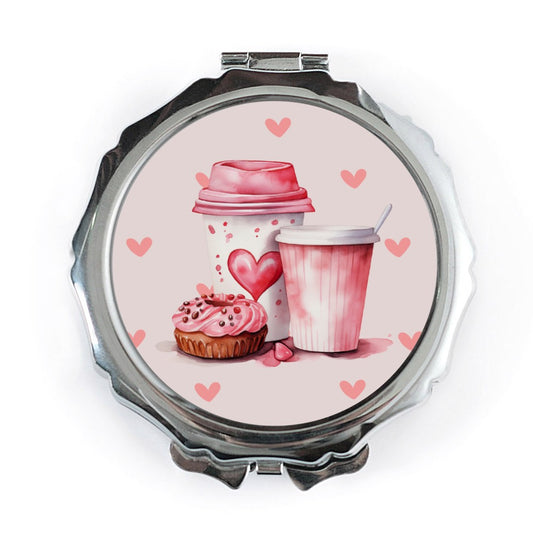 Donut Coffee Pocket Mirror, Cute Food Mirror, Valentine Mirror, Sweet Treats Mirror, Love Hearts Compact Mirror - Tawshia