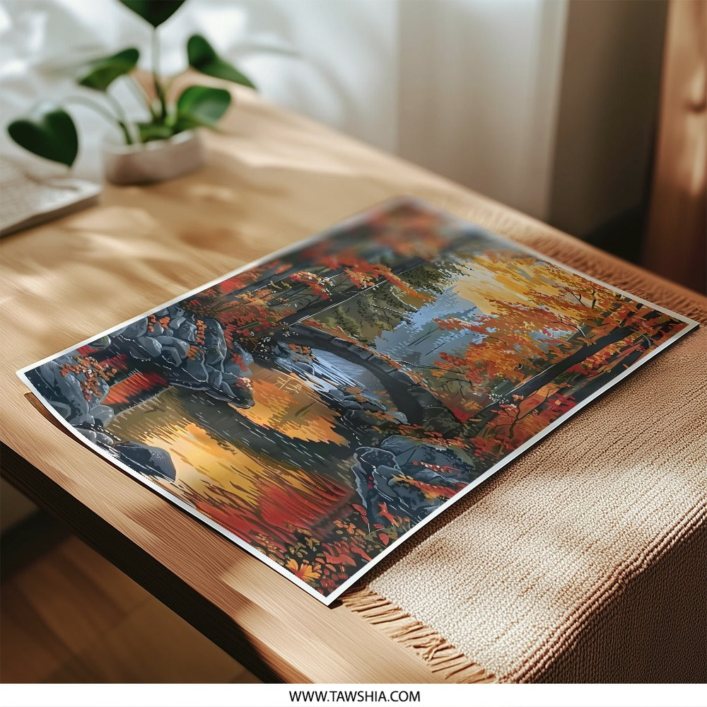 Autumn Forest Photographic Print, Stream and Bridge Art, Fall Foliage Landscape Photo, Nature Wall Decor, Rustic Home Art Print - Tawshia