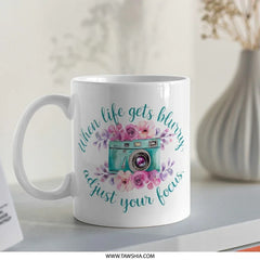 Adjust Your Focus Mug, Floral Camera Mug, Inspirational Quote Mug, Photographer Gift, Motivational Mug, Teal Camera Mug - Tawshia