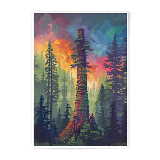 Totem Pole Photographic Print, Forest Landscape Art Print, Pacific Northwest Artwork, Colorful Sunset Photography, Nature Wall Decor - Tawshia