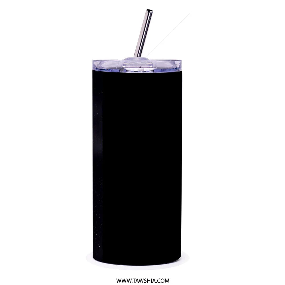 Sleek Black Tumbler With Lid and Straw Drinking product