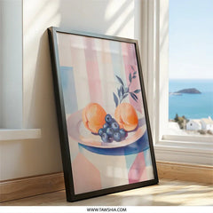 Peach and Blueberry Wall Art, Still Life Painting Print, Modern Kitchen Decor, Fruit Art Print, Contemporary Home Decor - Tawshia