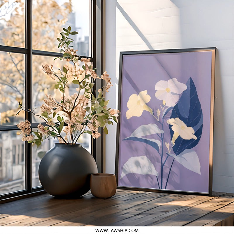 Floral Wall Art, Trumpet Flower Print, Botanical Art Print, Yellow Flowers Decor, Purple Background, Nature Inspired Wall Decor - Tawshia