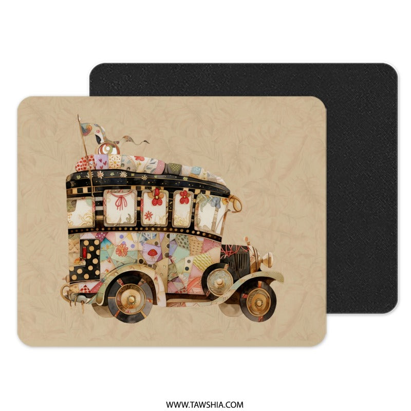 Vintage Bus Mouse Pad, Retro Vehicle Design, Patchwork Car Art, Unique Desk Accessory, Travel Theme Mouse Pad - Tawshia