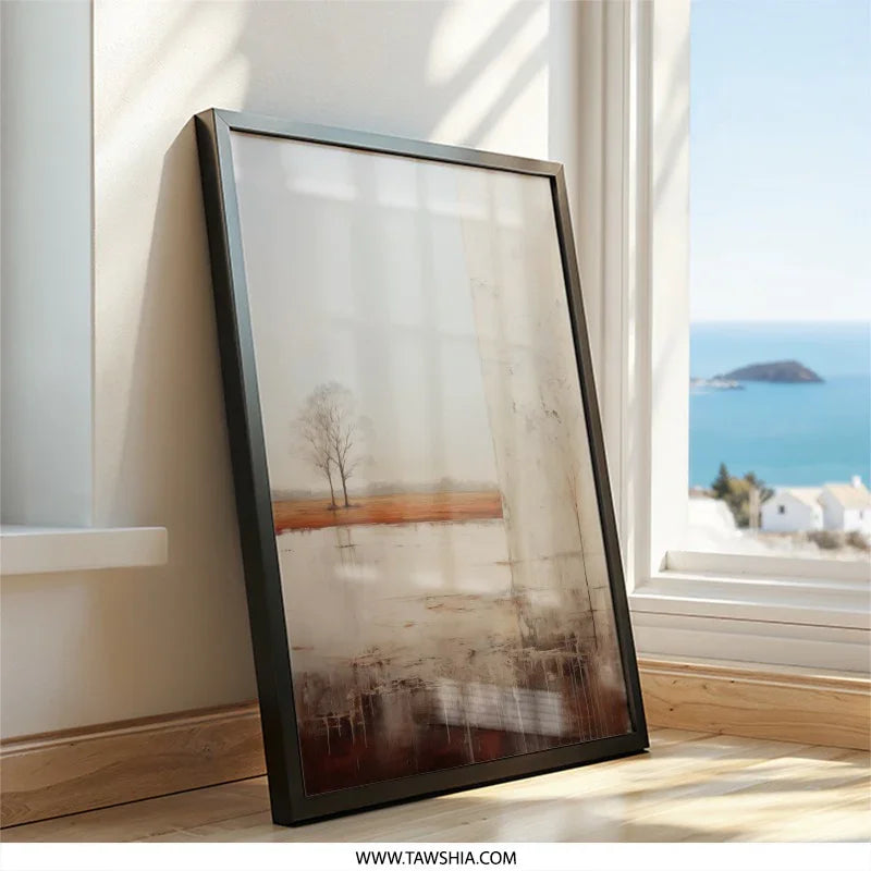 Minimalist Landscape Wall Art, Abstract Tree Painting Print, Modern Reflection Art, Neutral Tone Home Decor, Serene Scenery Wall Decor - Tawshia