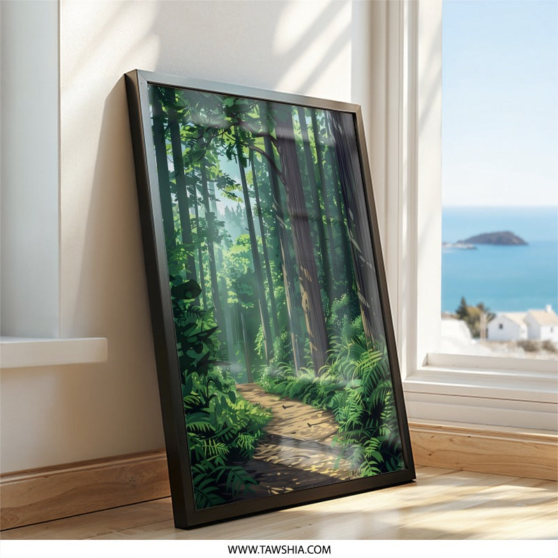 Forest Wall Art, Path Through Woods Print, Green Nature Art, Forest Landscape, Serene Scenery, Peaceful Forest Decor, Trees Art, Wall Decor - Tawshia