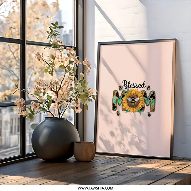 Blessed Mom Wall Art Print, Sunflower and Bees Decor, Mother's Day Gift, Family Wall Art, Cute Bee Design - Tawshia