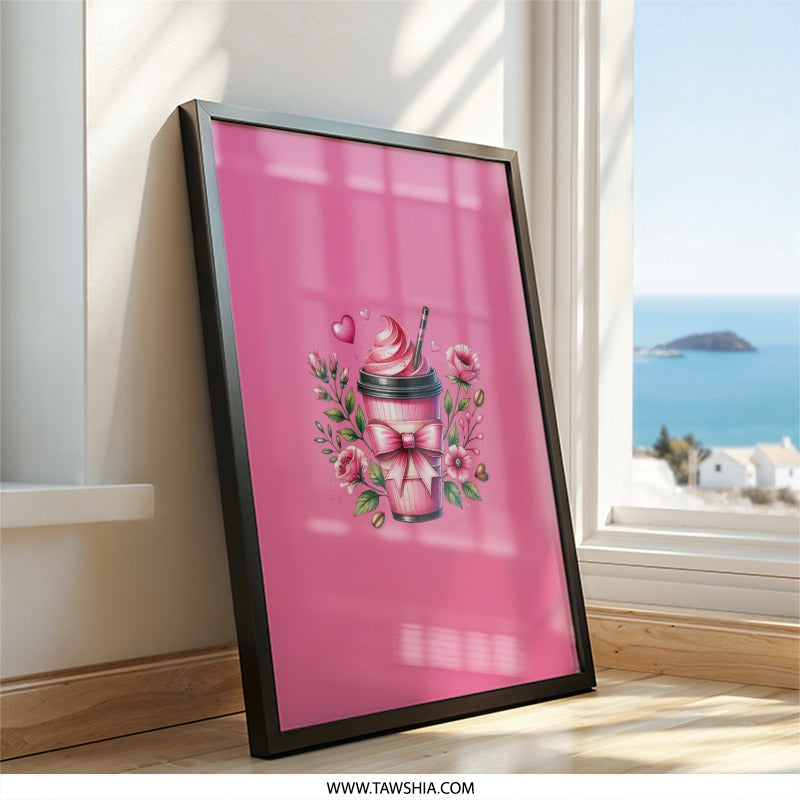 Pink Coffee Wall Art, Coffee Cup Decor, Floral Coffee Print, Coffee Lover Gift, Feminine Wall Decor, Modern Wall Art, Home Decor - Tawshia