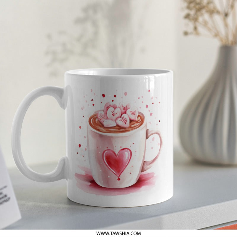 Hot Chocolate Mug, Heart Mug, Valentines Gift, Coffee Cup, Cocoa Cup, Watercolor Design, Heart Marshmallows, Valentines Mug - Tawshia