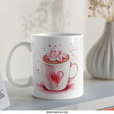 Hot Chocolate Mug, Heart Mug, Valentines Gift, Coffee Cup, Cocoa Cup, Watercolor Design, Heart Marshmallows, Valentines Mug - Tawshia