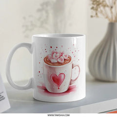 Hot Chocolate Mug, Heart Mug, Valentines Gift, Coffee Cup, Cocoa Cup, Watercolor Design, Heart Marshmallows, Valentines Mug - Tawshia