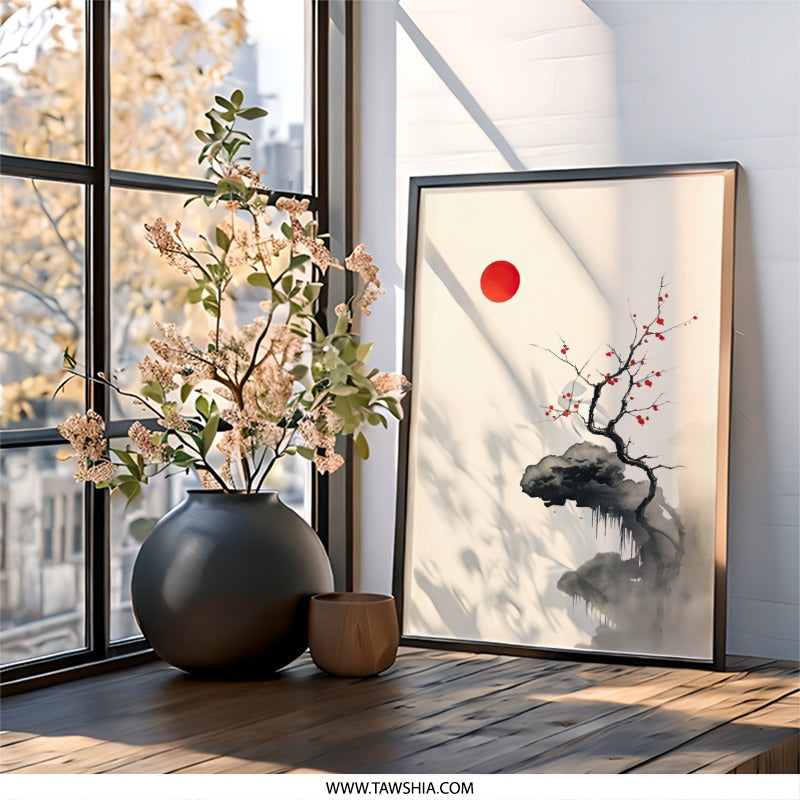 Japanese Wall Art, Cherry Blossom Tree, Zen Print, Red Sun Art, Minimalist Home Decor, Oriental Artwork, Serene Landscape - Tawshia