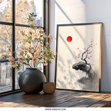 Japanese Wall Art, Cherry Blossom Tree, Zen Print, Red Sun Art, Minimalist Home Decor, Oriental Artwork, Serene Landscape - Tawshia