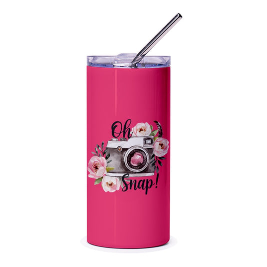 Oh Snap Camera Tumbler, Floral Photographer Gift, Photo Lover Tumbler, Pink Tumbler, Camera Design Cup, Gift for Photography Enthusiast - Tawshia