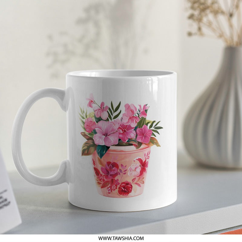 Floral Garden Mug, Flower Pot Design, Botanical Mug, Pink Flowers, Gift for Gardeners, Cute Coffee Mug, Tea Mug, Novelty Mug, Art Mug - Tawshia