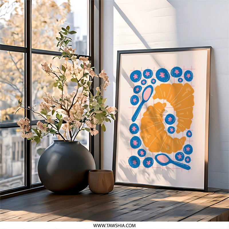 Croissant Wall Art, Breakfast Art Print, Food Illustration, Kitchen Decor, Blueberries, Spoon Design, Modern Art (135 characters) - Tawshia