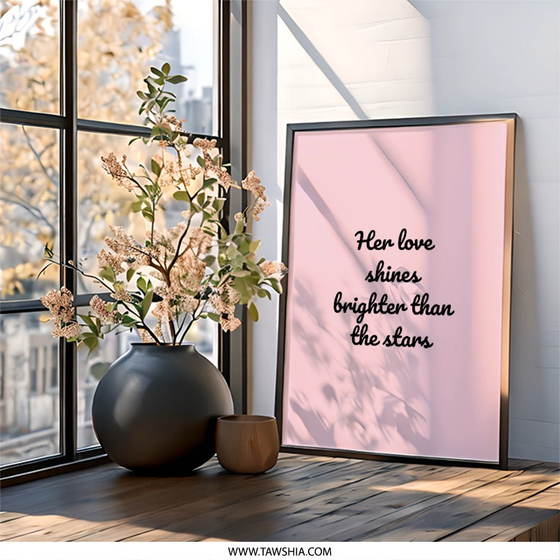 Love Shines Wall Art, Brighter Than Stars, Inspirational Decor, Quote Print, Minimalist Art, Bedroom Decor, Gift for Her, Pink Wall Art - Tawshia