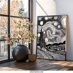 Starry Night Wall Art, Black and White Landscape Print, Celestial Artwork, Modern Home Decor, Dreamy Art Print, Gallery Wall - Tawshia