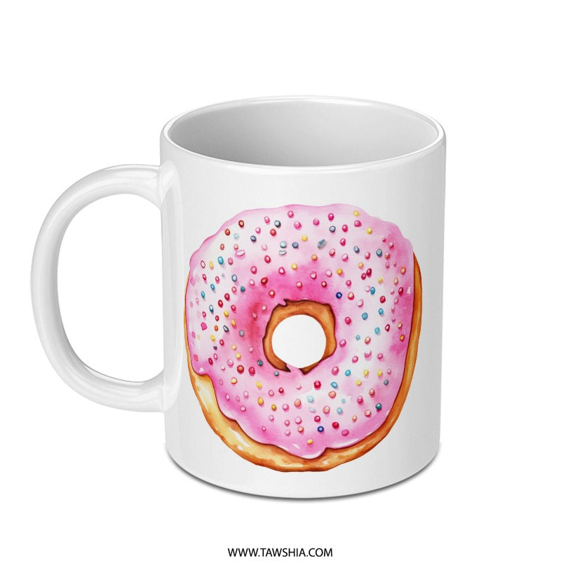 Donut Mug, Pink Sprinkled Donut, Food Mug, Sweet Treat Mug, Unique Mug, Watercolor Mug, Coffee Mug, Tea Mug, Cute Mug, Gift Idea - Tawshia