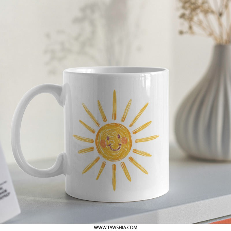 Smiling Sun Mug, Cute Sun Drawing Mug, Sunshine Coffee Cup, Happy Sun Mug, Positive Vibes Mug, Gift for Friend, Summer Mug, Kids Mug - Tawshia
