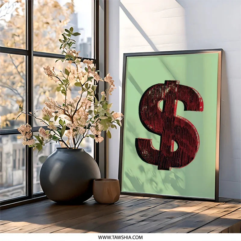Dollar Sign Wall Art, Red Dollar Symbol, Modern Art Print, Bold Graphic Art, Economic Theme, Finance Decor, Office Wall Decor - Tawshia