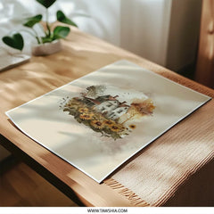 Watercolor House Photographic Print, Sunflower Art, Farmhouse Style Print, Country Home Decor, Autumn Landscape, Printable Wall Art - Tawshia