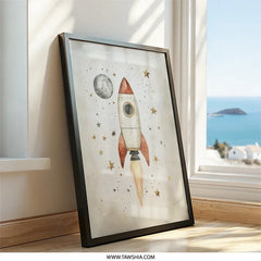 Rocket Ship Wall Art, Space Theme Decor, Nursery Art, Kids Room Decor, Moon Stars Wall Art, Outer Space Art Print, Rocket Poster - Tawshia