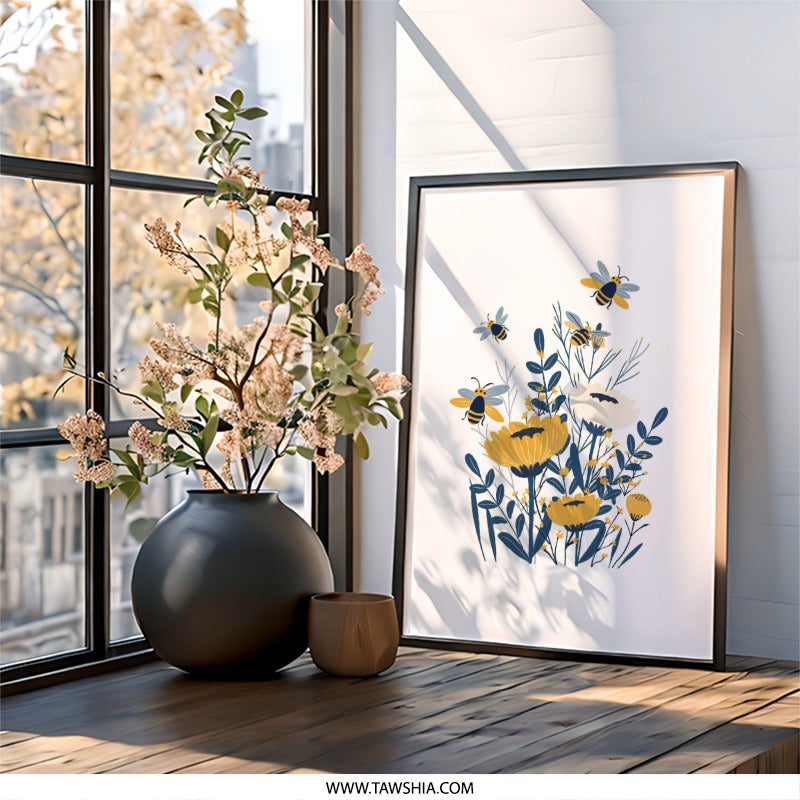 Bee and Flower Wall Art, Floral Wall Decor, Honeybee Print, Nature Wall Art, Botanical Illustration, Modern Art Print, Insect Art - Tawshia