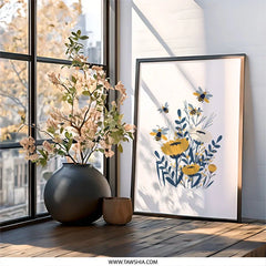 Bee and Flower Wall Art, Floral Wall Decor, Honeybee Print, Nature Wall Art, Botanical Illustration, Modern Art Print, Insect Art - Tawshia