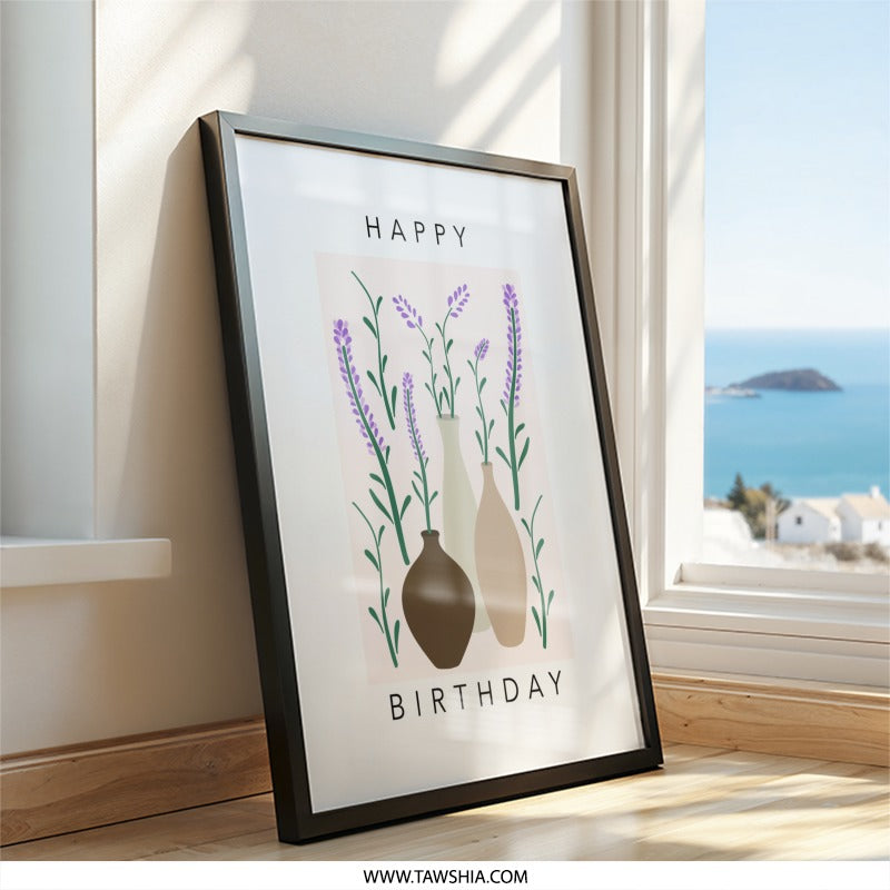 Happy Birthday Lavender Wall Art, Floral Print, Birthday Gift, Minimalist Decor, Flower Illustration, Botanical Art, Vases Wall Decor - Tawshia