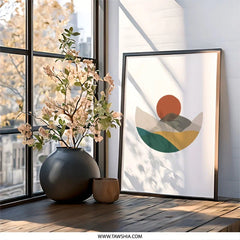 Abstract Mountain Wall Art, Minimalist Landscape Print, Boho Sunrise Poster, Modern Geometric Artwork, Earth Tone Decor - Tawshia