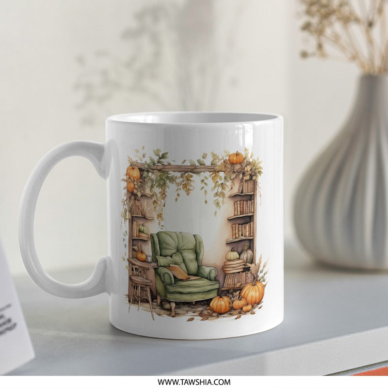 Cozy Fall Mug, Autumn Reading Nook, Pumpkin Season Decor, Book Lover Gift, Warm Drink Mug (115 characters) - Tawshia