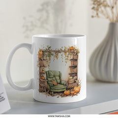 Cozy Fall Mug, Autumn Reading Nook, Pumpkin Season Decor, Book Lover Gift, Warm Drink Mug (115 characters) - Tawshia