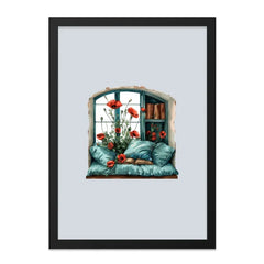 Poppies by Window Framed Wall Art, Cozy Reading Nook Art, Botanical Home Decor, Floral Window Seat Artwork, Book Lover Gift, Home Decor - Tawshia