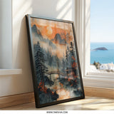 Japanese Landscape Wall Art, Oriental Bridge Print, Asian Scenery Art, Mountain Sunrise Painting, Peaceful Home Decor, Nature Wall Decor - Tawshia
