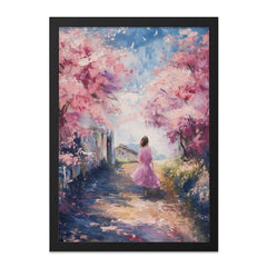 Cherry Blossom Wall Art, Girl in Pink Dress Art, Floral Scenery Painting, Impressionist Wall Decor, Spring Season Art Print - Tawshia
