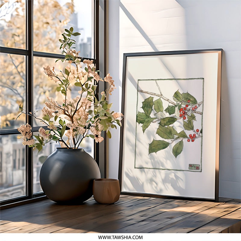 Holly Berries Wall Art, Botanical Print, Christmas Decor, Holiday Wall Decor, Winter Artwork, Festive Season Art, Unique Gift Idea - Tawshia