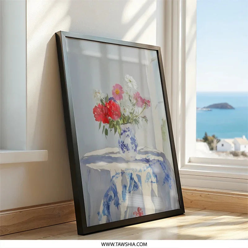 Floral Still Life Wall Art, Flower Bouquet Painting, Vase Artwork, Kitchen Decor, Bright Wall Decor, Cozy Home Art, Framed Art Print - Tawshia