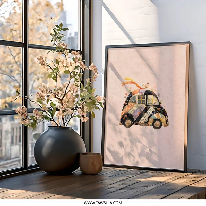 Floral Patchwork Car Framed Wall Art, Quirky Automotive Decor, Unique Car Lover Gift, Stylish Framed Prints, Trendy Wall Hanging - Tawshia