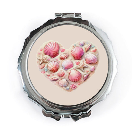 Seashell Heart Pocket Mirror, Beachy Cute Mirror, Coastal Style Gift, Ocean Lover Present, Nautical Theme Mirror - Tawshia