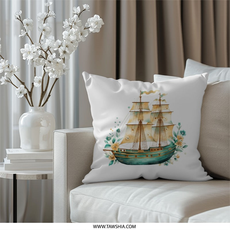 Watercolor Ship Pillow, Nautical Theme Pillow, Sailing Ship Cushion, Coastal Decor Pillow, Sea Adventure Pillow - Tawshia