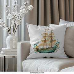 Watercolor Ship Pillow, Nautical Theme Pillow, Sailing Ship Cushion, Coastal Decor Pillow, Sea Adventure Pillow - Tawshia