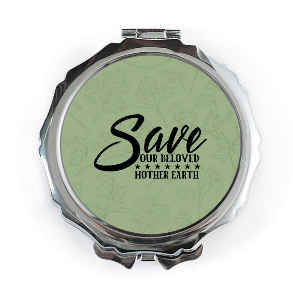 Save Mother Earth Pocket Mirror, Environmental Gift, Eco Friendly Mirror, Green Leaves Design, Nature Lover Gift, Small Mirror for Purse - Tawshia