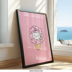 Kawaii Unicorn Wall Art, Ice Cream Cone, Cute Unicorn Print, Pastel Wall Decor, Kids Room Art, Nursery Art, Whimsical Art - Tawshia