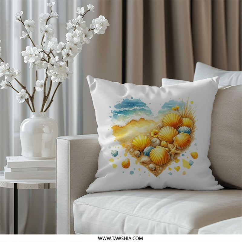 Beach Heart Seashells Pillow, Coastal Throw Cushion, Watercolor Sea Shell Art Home Decor, Ocean Lover Gift - Tawshia