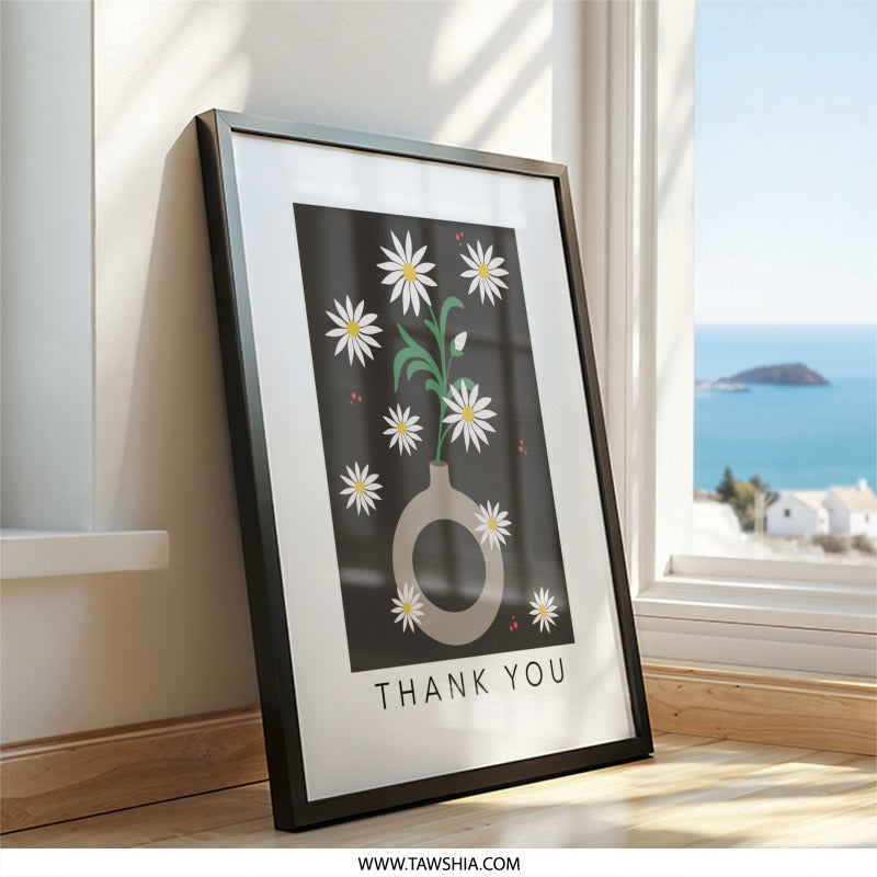 Thank You Daisies Wall Art, Floral Print, Flower Vase Art, Minimalist Art, Modern Wall Decor, Housewarming Gift, Daisy Flower Art - Tawshia