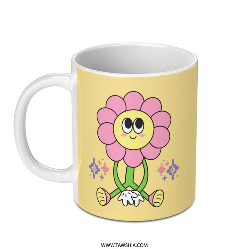 Cute Flower Power Mug, Retro Groovy Coffee Cup, Smiling Flower Cartoon Mug, Positive Vibes Mug, Funky Floral Gift Idea, Unique Mug - Tawshia