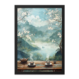 Serene Tea Time Wall Art, Oriental Landscape Print, Mountain View Artwork, Peaceful Home Decor, Blooming Cherry Blossoms, Asian Scenery - Tawshia