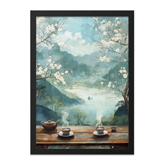 Serene Tea Time Wall Art, Oriental Landscape Print, Mountain View Artwork, Peaceful Home Decor, Blooming Cherry Blossoms, Asian Scenery - Tawshia