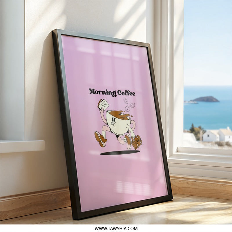 Morning Coffee Wall Art, Cartoon Coffee Cup Print, Funny Office Decor, Coffee Lover Gift, Cute Kitchen Art, Quirky Wall Art - Tawshia